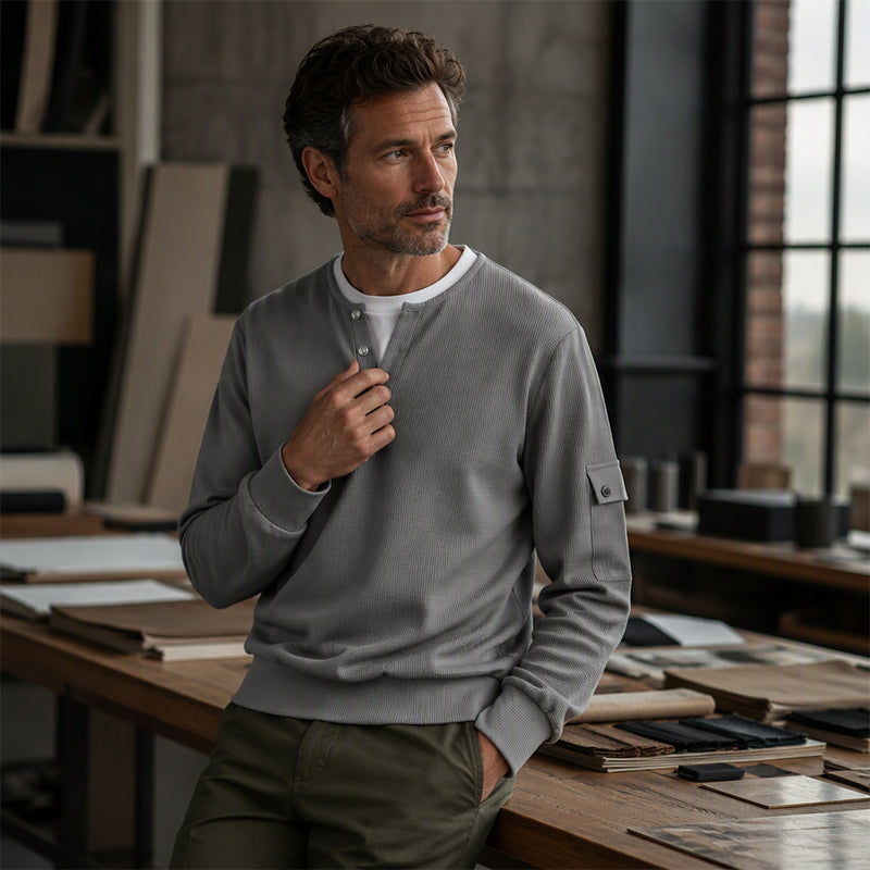 Men's Waffle Knit Fake Two-Piece Henley Top