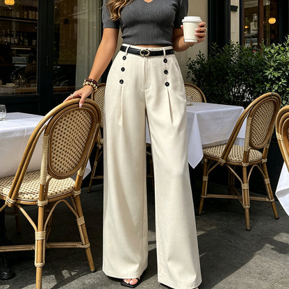 ✨ Double-Button Detail, Flattering Drape | Women's High-Waist Wide-Leg Pants