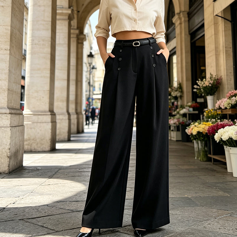 ✨ Double-Button Detail, Flattering Drape | Women's High-Waist Wide-Leg Pants