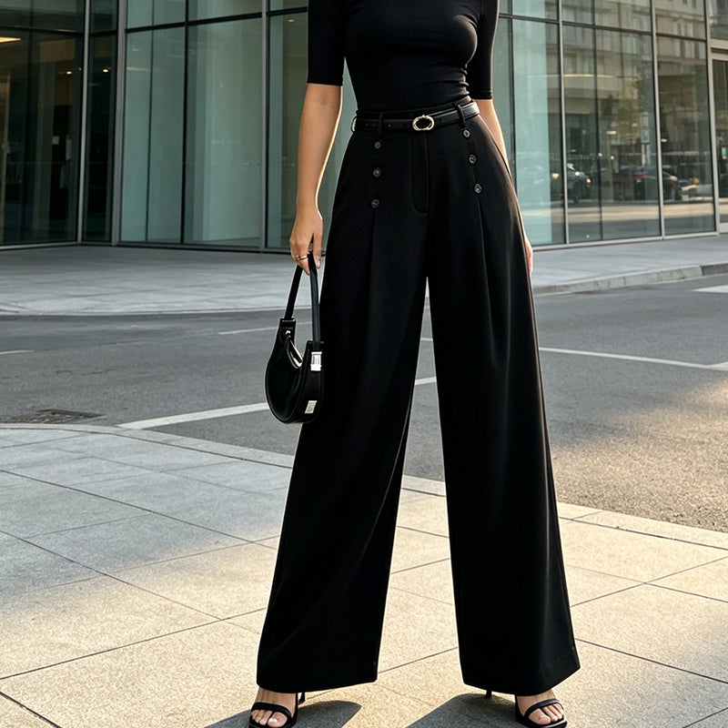 ✨ Double-Button Detail, Flattering Drape | Women's High-Waist Wide-Leg Pants