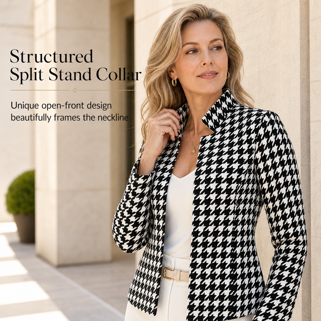 Houndstooth Open Front with Split Stand Collar and Slim Fit Design