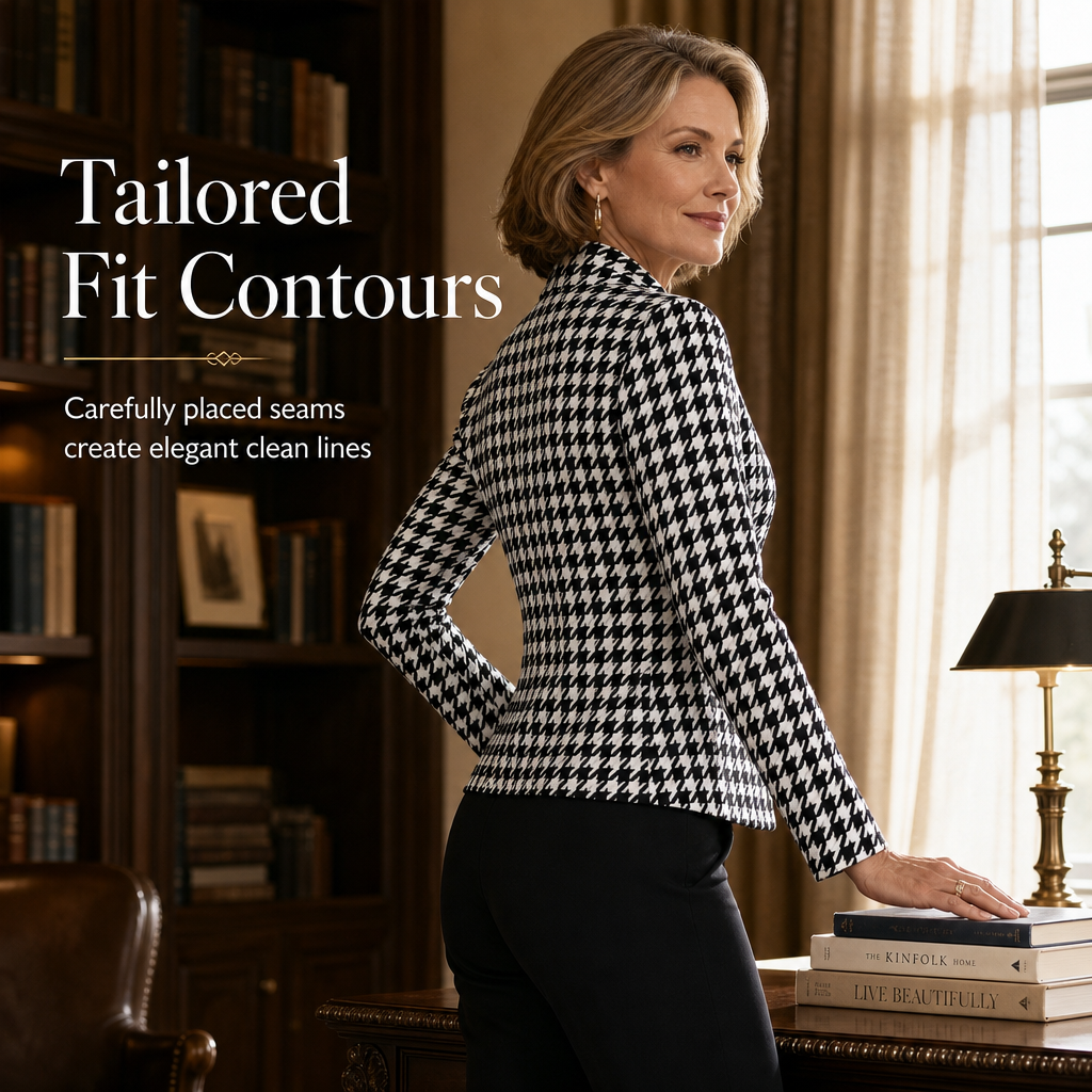 Houndstooth Open Front with Split Stand Collar and Slim Fit Design