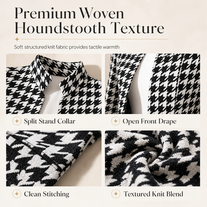 Houndstooth Open Front with Split Stand Collar and Slim Fit Design