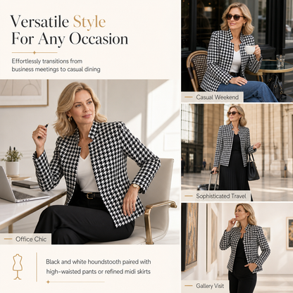 Houndstooth Open Front with Split Stand Collar and Slim Fit Design