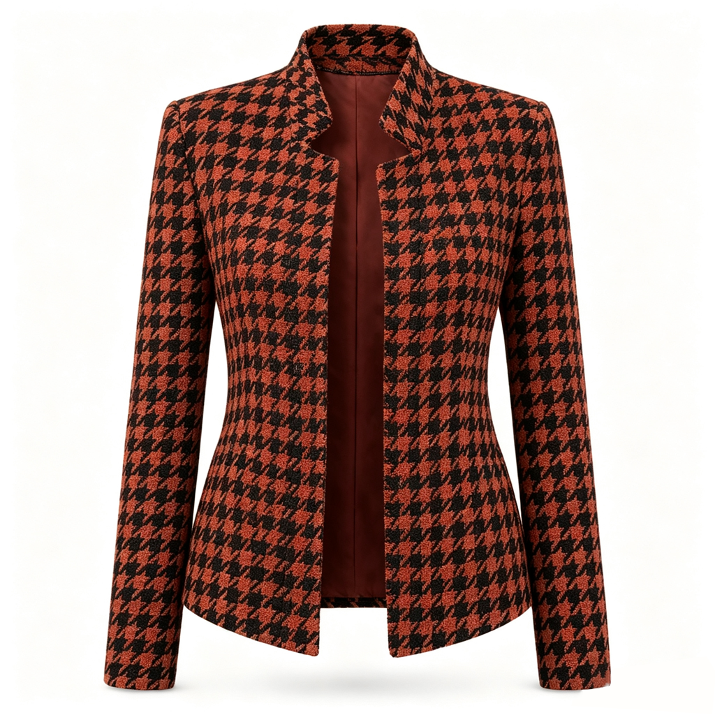 Houndstooth Open Front with Split Stand Collar and Slim Fit Design