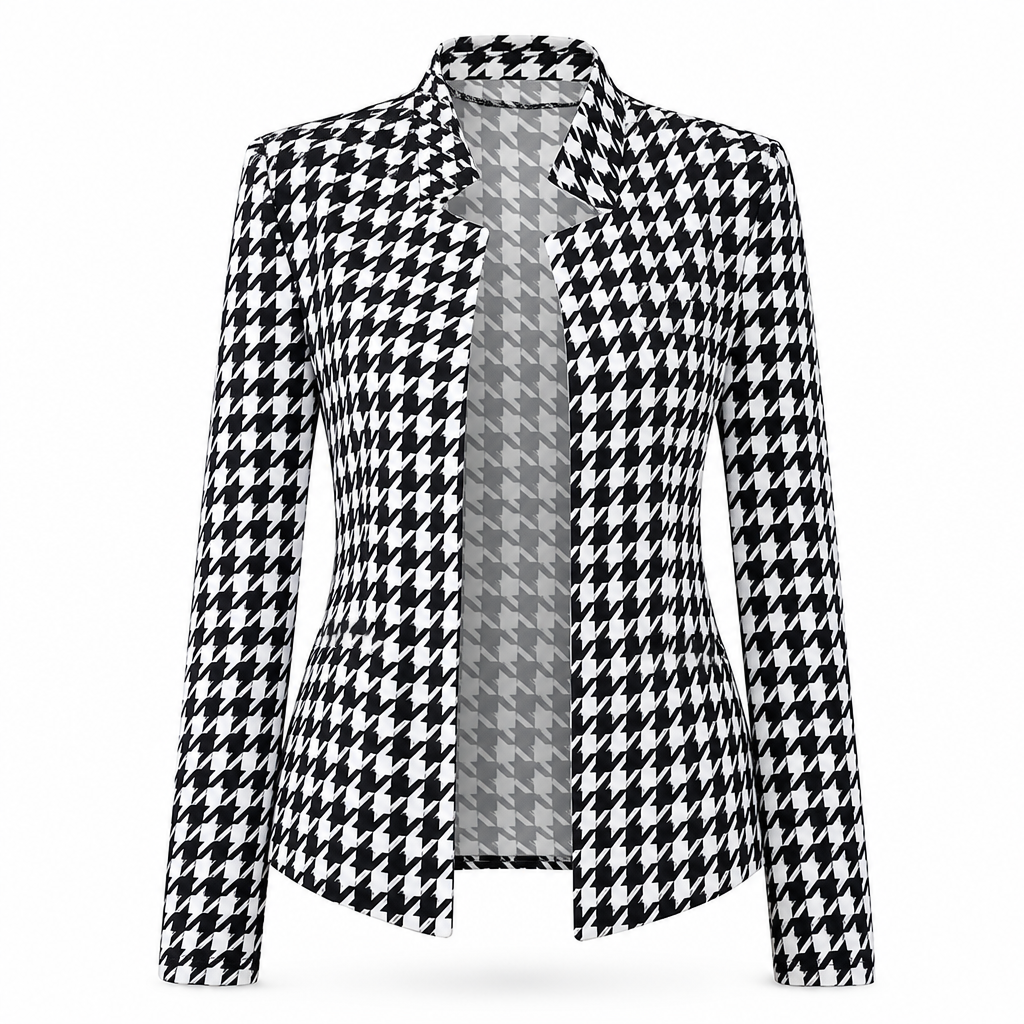 Houndstooth Open Front with Split Stand Collar and Slim Fit Design