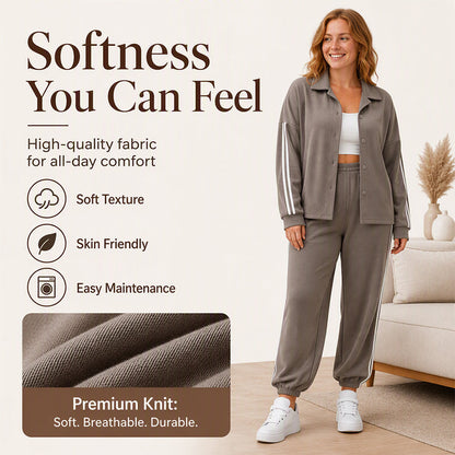 Women's Side Stripe Button-Down Shirt & Joggers Set