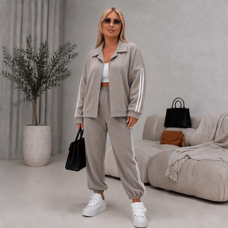 Women's Side Stripe Button-Down Shirt & Joggers Set