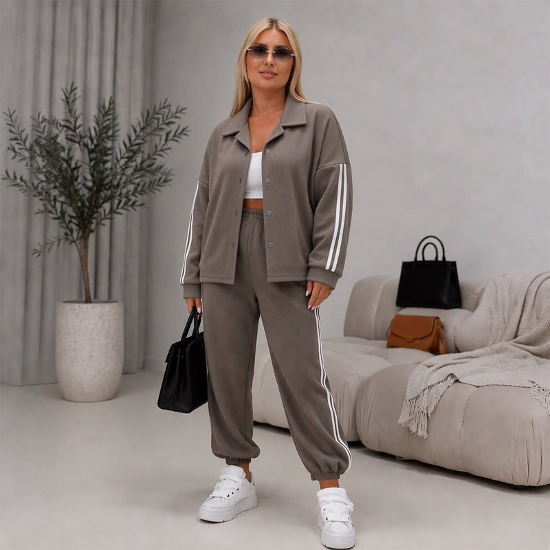 Women's Side Stripe Button-Down Shirt & Joggers Set
