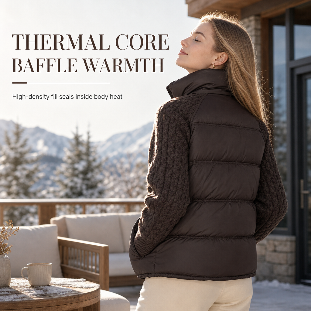 👚✨Women's Stand Collar Cable Knit Patchwork Long Sleeve Padded Short Thickened Warm Winter Cotton Coat✨