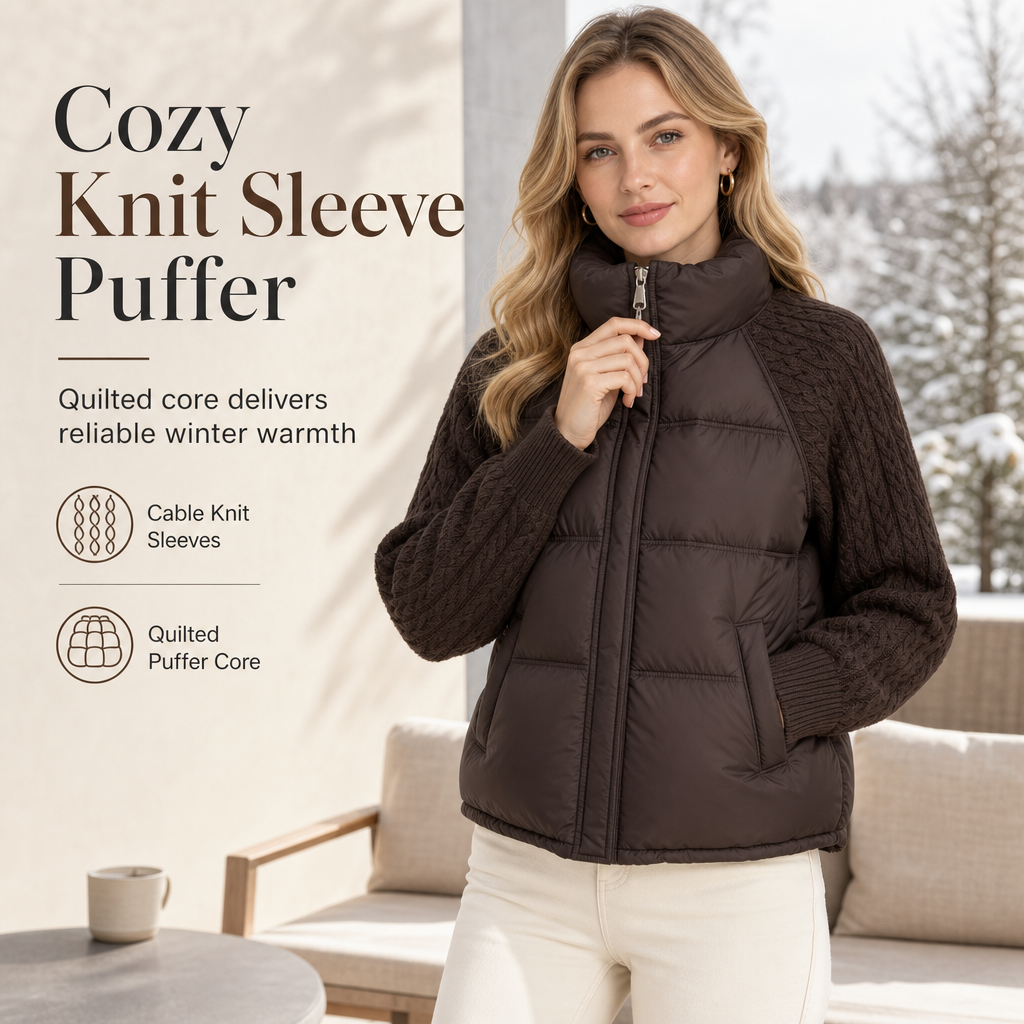 👚✨Women's Stand Collar Cable Knit Patchwork Long Sleeve Padded Short Thickened Warm Winter Cotton Coat✨