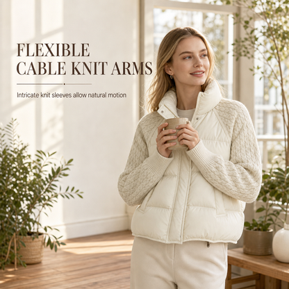 👚✨Women's Stand Collar Cable Knit Patchwork Long Sleeve Padded Short Thickened Warm Winter Cotton Coat✨