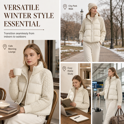 👚✨Women's Stand Collar Cable Knit Patchwork Long Sleeve Padded Short Thickened Warm Winter Cotton Coat✨