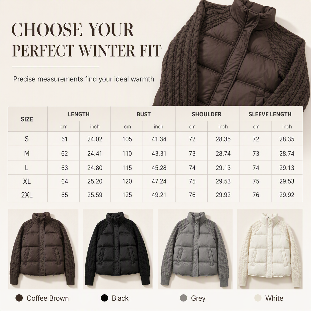 👚✨Women's Stand Collar Cable Knit Patchwork Long Sleeve Padded Short Thickened Warm Winter Cotton Coat✨