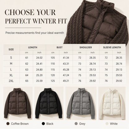 👚✨Women's Stand Collar Cable Knit Patchwork Long Sleeve Padded Short Thickened Warm Winter Cotton Coat✨