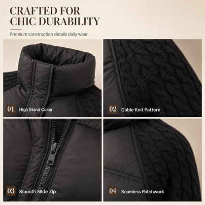 👚✨Women's Stand Collar Cable Knit Patchwork Long Sleeve Padded Short Thickened Warm Winter Cotton Coat✨
