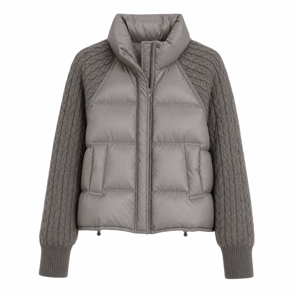 👚✨Women's Stand Collar Cable Knit Patchwork Long Sleeve Padded Short Thickened Warm Winter Cotton Coat✨