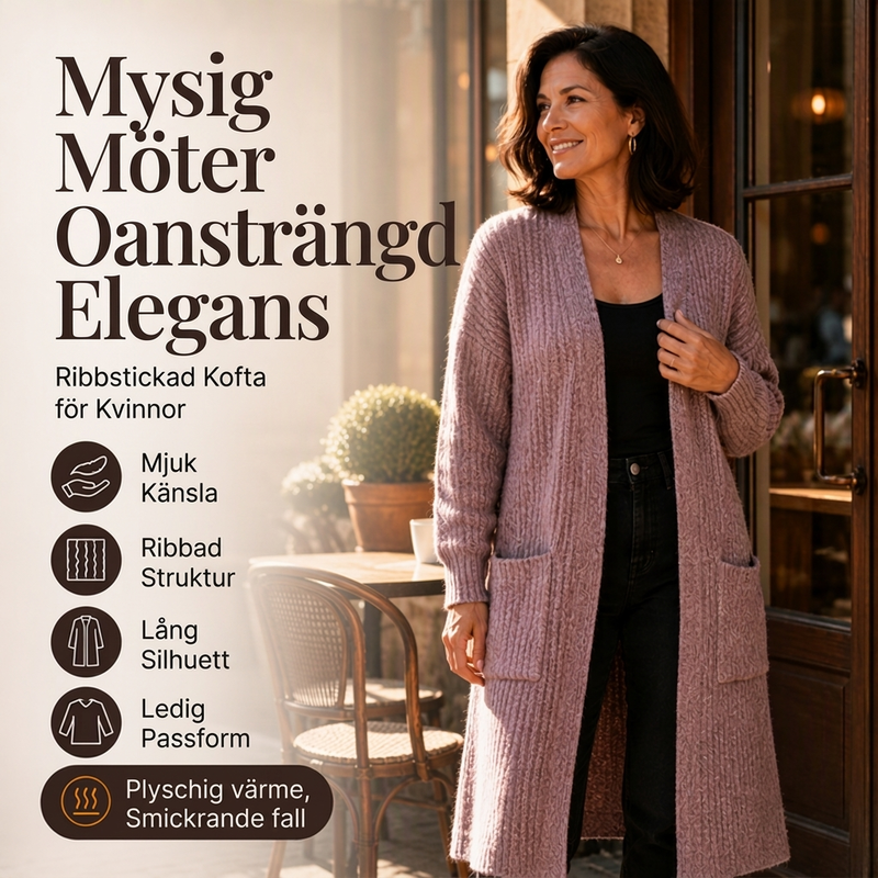 🧥Damens mysig ribbstickad lång cardigan