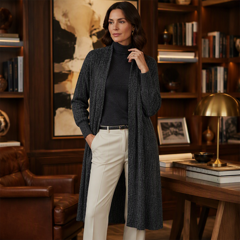 🧥Damens mysig ribbstickad lång cardigan
